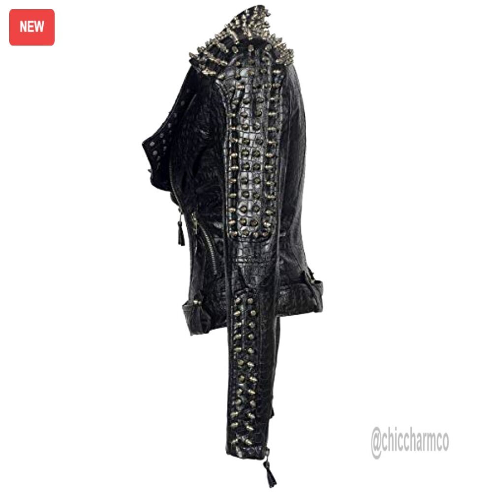 Faux Leather Motorcycle Jacket with Studded Rivets, Asymmetrical Zipper, - Picture 2 of 6
